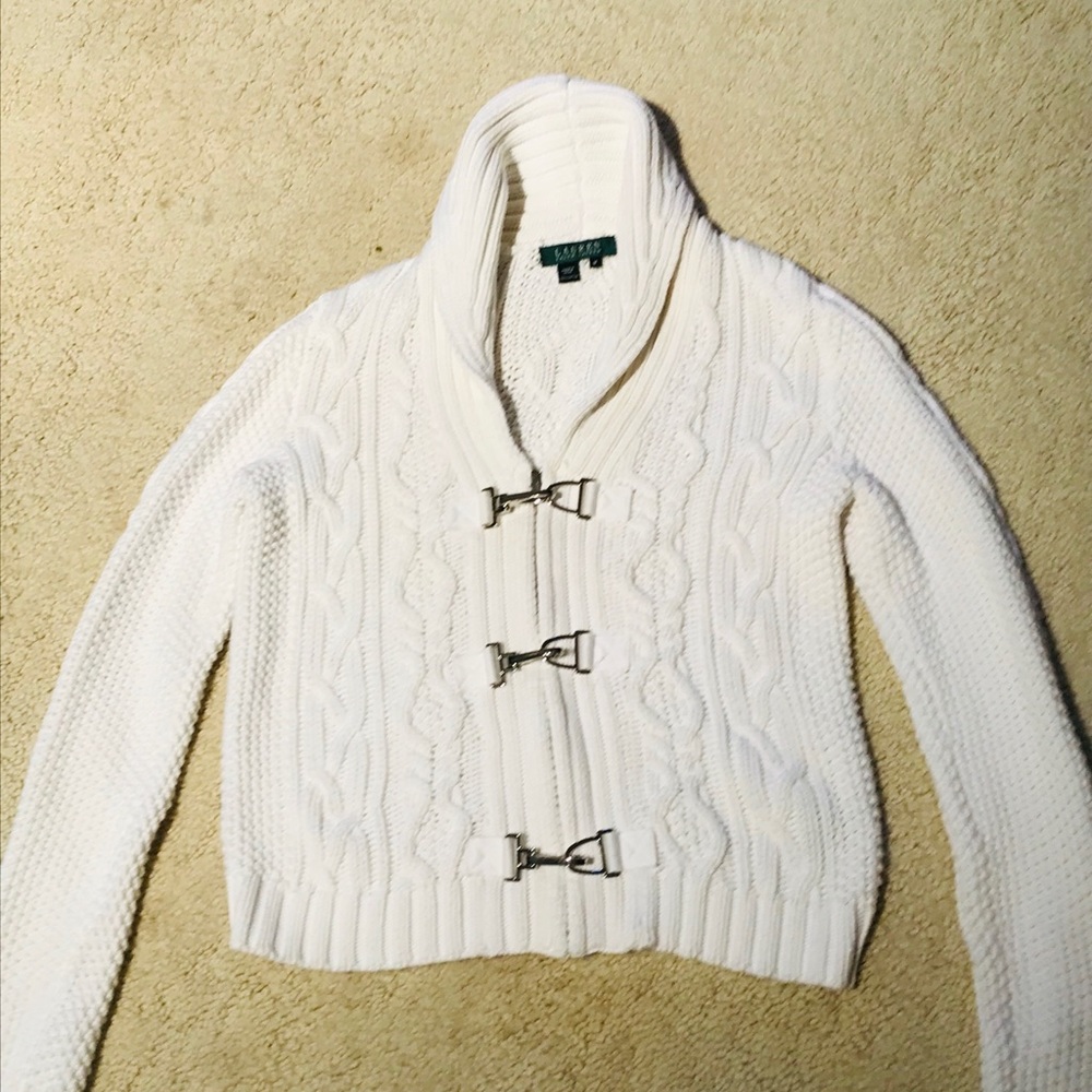 White cotton cardigan with silver metal closures